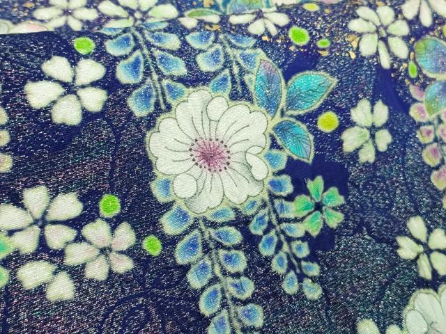 平和屋本店●極上　振袖・長襦袢(無双仕立て・半衿刺繍)セット　辻が花　絞り　暈し染め　金彩　銀通し地　逸品　DZAB7170kh6
