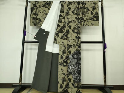 平和屋本店●極上　キモノデザイナー 斉藤上太郎　訪問着　お召地　大花　黄海松茶色地　反端付き　逸品　未使用　DZAB7171kh6