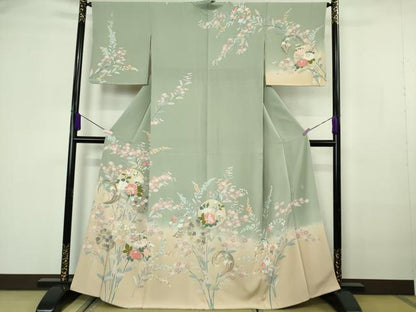 平和屋着物●極上　訪問着　友禅　作家物　枝花文　柳鼠色地　暈し染め　逸品　DZAB7173kh6