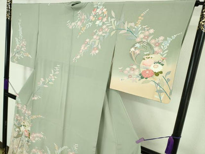 平和屋着物●極上　訪問着　友禅　作家物　枝花文　柳鼠色地　暈し染め　逸品　DZAB7173kh6