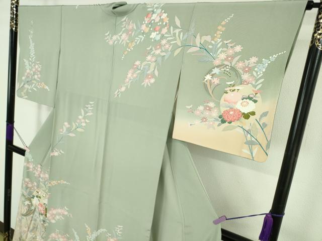 平和屋着物●極上　訪問着　友禅　作家物　枝花文　柳鼠色地　暈し染め　逸品　DZAB7173kh6