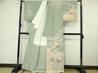 平和屋着物●極上　訪問着　友禅　作家物　枝花文　柳鼠色地　暈し染め　逸品　DZAB7173kh6
