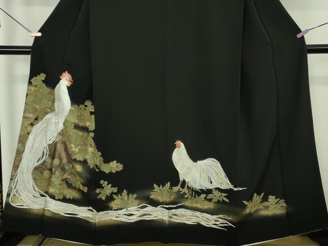 平和屋本店●極上　黒留袖　手刺繍　鶏　にわとり　金糸　逸品　DZAB7177kh6