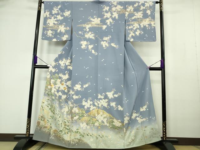 平和屋本店●極上　訪問着　駒刺繍　枝桜　松笹文　青藤色地　暈し染め　金彩　逸品　未使用　DZAB7180kh6