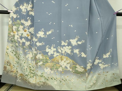 平和屋本店●極上　訪問着　駒刺繍　枝桜　松笹文　青藤色地　暈し染め　金彩　逸品　未使用　DZAB7180kh6