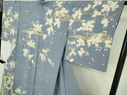 平和屋本店●極上　訪問着　駒刺繍　枝桜　松笹文　青藤色地　暈し染め　金彩　逸品　未使用　DZAB7180kh6