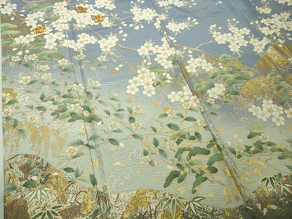 平和屋本店●極上　訪問着　駒刺繍　枝桜　松笹文　青藤色地　暈し染め　金彩　逸品　未使用　DZAB7180kh6