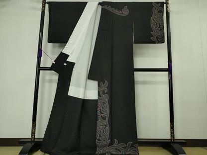 平和屋本店●極上　染色作家　寺島利男　訪問着　唐草文　黒地　銀通し地　逸品　DZAB7182kh6