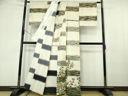 平和屋着物▽極上　訪問着　単衣　市松　枝花文　金彩　逸品　未使用　DZAB7186kh6