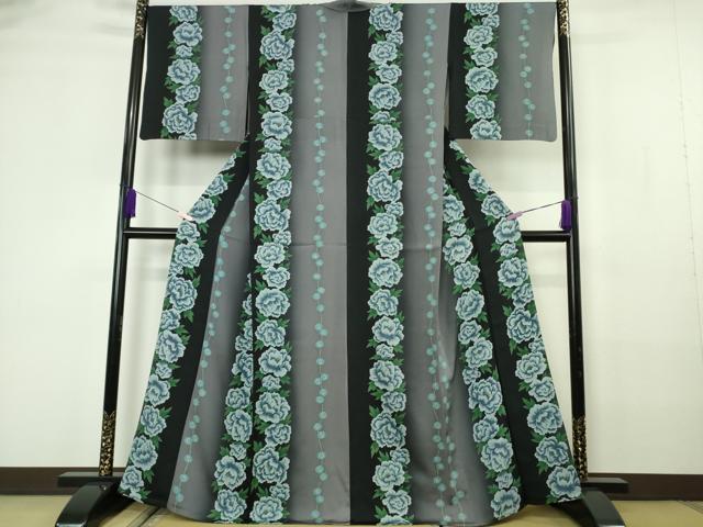 平和屋本店▽極上　小紋　単衣　花間道　牡丹　暈し染め　逸品　DZAB7187kh6