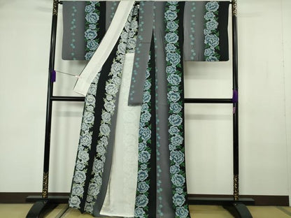 平和屋本店▽極上　小紋　単衣　花間道　牡丹　暈し染め　逸品　DZAB7187kh6