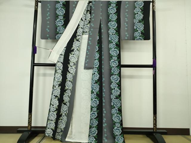 平和屋本店▽極上　小紋　単衣　花間道　牡丹　暈し染め　逸品　DZAB7187kh6