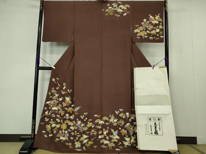 平和屋本店●極上　銀座　志ま亀　訪問着　駒刺繍　宝尽くし　黒鳶色地　金彩　ロング丈　たとう紙付き　逸品　未使用　DZAB7195kh6