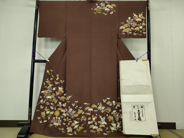 平和屋本店●極上　銀座　志ま亀　訪問着　駒刺繍　宝尽くし　黒鳶色地　金彩　ロング丈　たとう紙付き　逸品　未使用　DZAB7195kh6