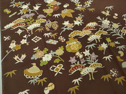 平和屋本店●極上　銀座　志ま亀　訪問着　駒刺繍　宝尽くし　黒鳶色地　金彩　ロング丈　たとう紙付き　逸品　未使用　DZAB7195kh6
