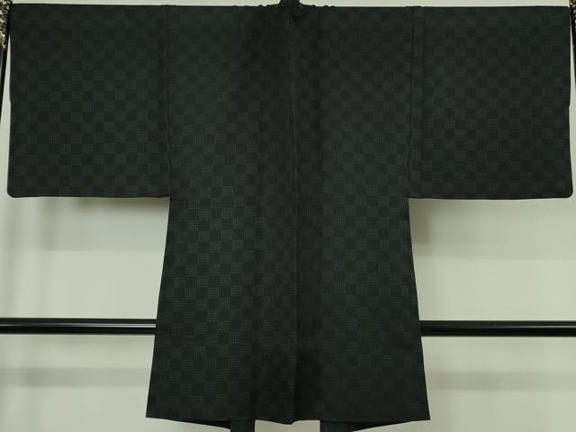 平和屋本店∞極上　男性　長羽織　キングサイズ　スリーシーズン　春夏秋　塵除け　市松紋紗　黒地　逸品　DZAB7215kh6