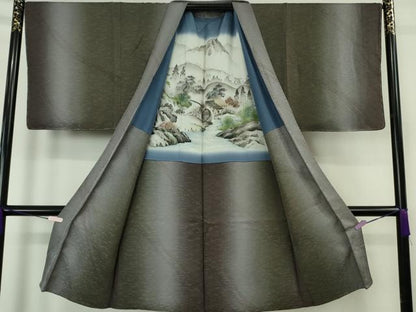 平和屋着物∞極上　男性　染色作家　斉藤三才　長羽織　京友禅　暈し染め　羽裏・水車小屋　反端付き　逸品　未使用　DZAB7216kh6
