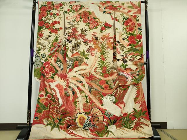 平和屋本店●極上　アンティーク　大正ロマン　振袖　駒刺繍　鳳凰鼓草花文　金銀彩　逸品　DZAB7225kh6