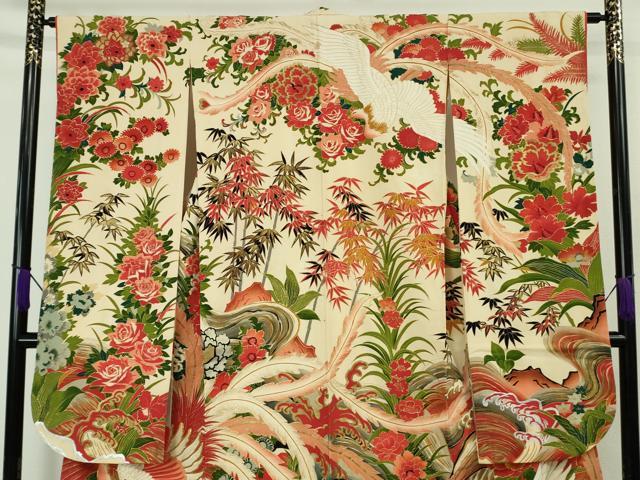 平和屋本店●極上　アンティーク　大正ロマン　振袖　駒刺繍　鳳凰鼓草花文　金銀彩　逸品　DZAB7225kh6