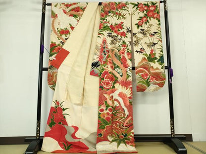 平和屋本店●極上　アンティーク　大正ロマン　振袖　駒刺繍　鳳凰鼓草花文　金銀彩　逸品　DZAB7225kh6