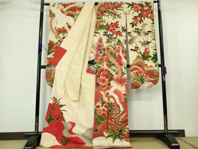 平和屋本店●極上　アンティーク　大正ロマン　振袖　駒刺繍　鳳凰鼓草花文　金銀彩　逸品　DZAB7225kh6