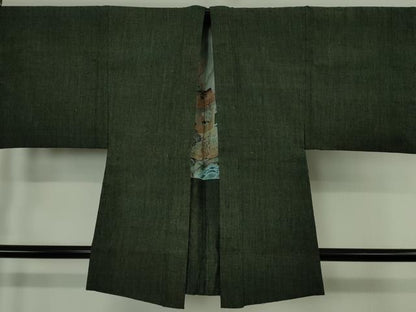 平和屋本店●極上　男性　本場結城紬　重要無形文化財　杢　アンサンブル　長羽織　黒緑色　逸品　DZAB7227kh6