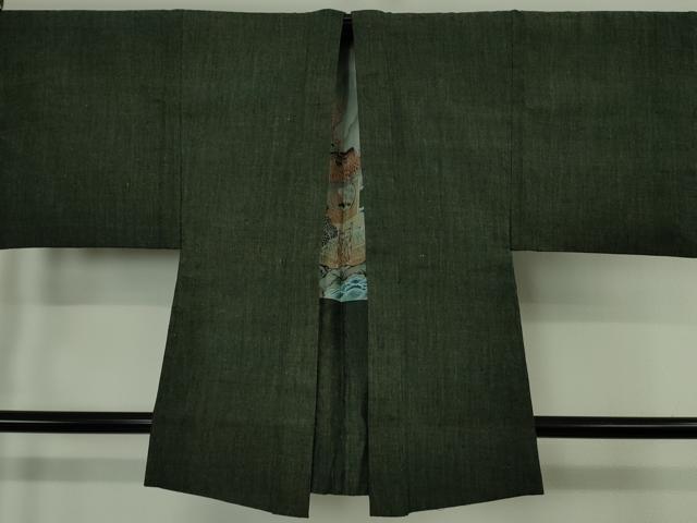 平和屋本店●極上　男性　本場結城紬　重要無形文化財　杢　アンサンブル　長羽織　黒緑色　逸品　DZAB7227kh6