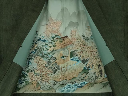 平和屋本店●極上　男性　本場結城紬　重要無形文化財　杢　アンサンブル　長羽織　黒緑色　逸品　DZAB7227kh6