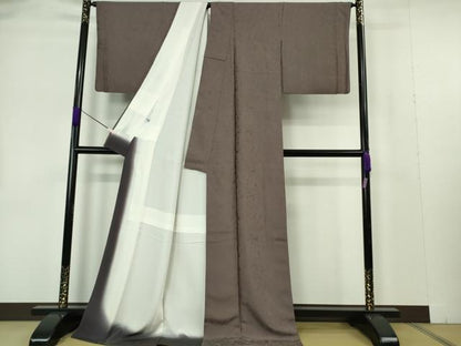 平和屋本店●極上　創業200年・7代目永治屋清左衛門　お召　笹の葉地紋　色無地　紅消鼠色　ロング丈　逸品　DZAB7229kh6