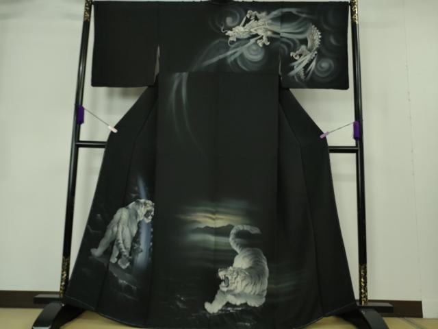 平和屋本店●極上　訪問着　手描き　龍虎　黒地　金銀彩　逸品　未使用　DZAB7240kh6