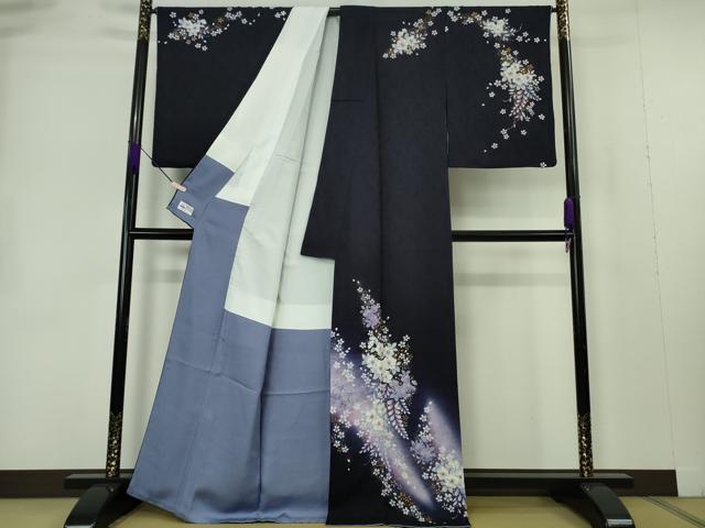 平和屋本店●極上 越後十日町の一流染匠 桐屋・翠山工房 訪問着 辻が花 暈し染め ミッドナイトブルー色地 金彩 やまと誂製 逸品DZAB7243kh6