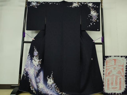 平和屋本店●極上 越後十日町の一流染匠 桐屋・翠山工房 訪問着 辻が花 暈し染め ミッドナイトブルー色地 金彩 やまと誂製 逸品DZAB7243kh6