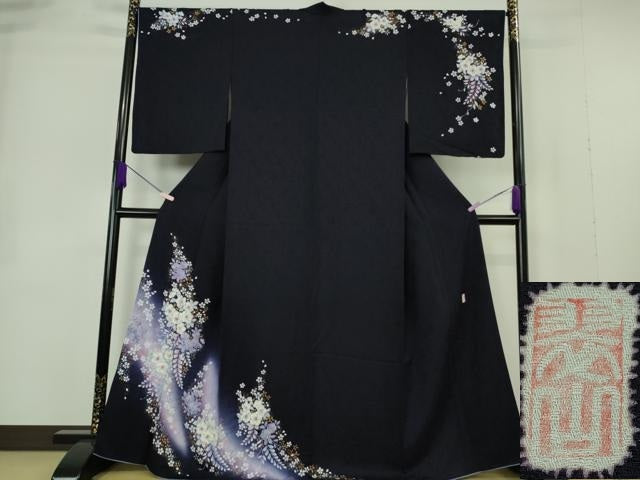 平和屋本店●極上 越後十日町の一流染匠 桐屋・翠山工房 訪問着 辻が花 暈し染め ミッドナイトブルー色地 金彩 やまと誂製 逸品DZAB7243kh6