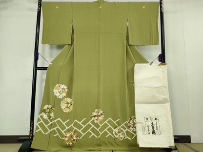 平和屋本店●極上　銀座　志ま亀　色留袖　花丸文　青朽葉色　金彩　縮緬地　たとう紙付き　逸品　DZAB7246kh6