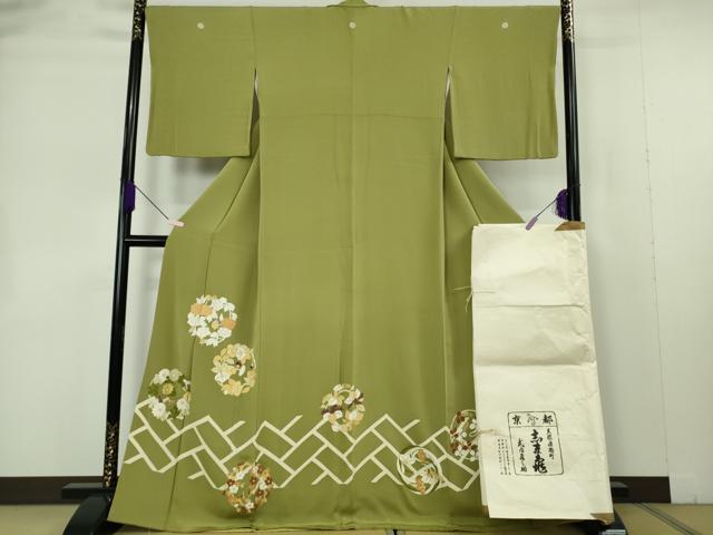 平和屋本店●極上　銀座　志ま亀　色留袖　花丸文　青朽葉色　金彩　縮緬地　たとう紙付き　逸品　DZAB7246kh6