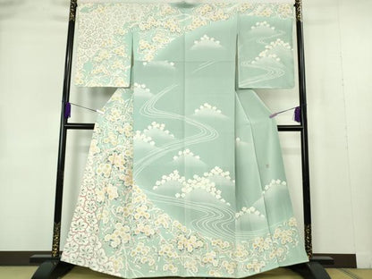 平和屋本店●極上　京友禅作家　光永正美　訪問着　刺繍　枝花文　薄い千草色地　暈し染め　金彩　逸品　未使用　DZAB7247kh6
