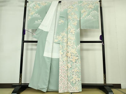 平和屋本店●極上　京友禅作家　光永正美　訪問着　刺繍　枝花文　薄い千草色地　暈し染め　金彩　逸品　未使用　DZAB7247kh6