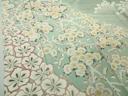平和屋本店●極上　京友禅作家　光永正美　訪問着　刺繍　枝花文　薄い千草色地　暈し染め　金彩　逸品　未使用　DZAB7247kh6