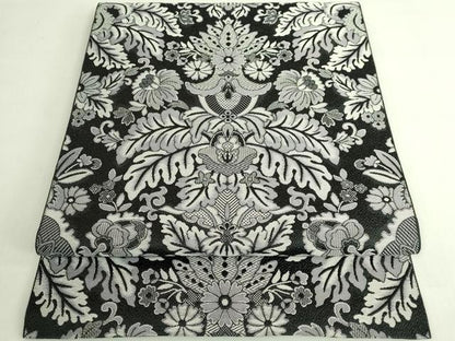 平和屋着物●極上　本場筑前博多織　八寸名古屋帯　洋花文　黒地　逸品　DZAB7252kh6