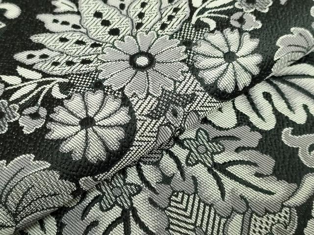 平和屋着物●極上　本場筑前博多織　八寸名古屋帯　洋花文　黒地　逸品　DZAB7252kh6
