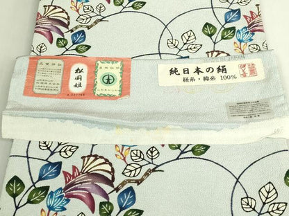 平和屋本店●最高級　城間栄順　本場琉球紅型　太鼓柄袋帯　枝花文　伊と幸　松岡姫　琉藍　薄い白藍色地　反端付き　逸品　DZAB7255kh6