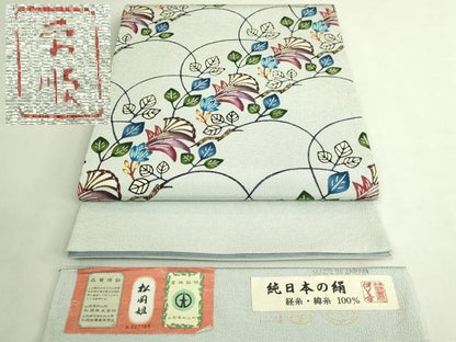 平和屋本店●最高級　城間栄順　本場琉球紅型　太鼓柄袋帯　枝花文　伊と幸　松岡姫　琉藍　薄い白藍色地　反端付き　逸品　DZAB7255kh6