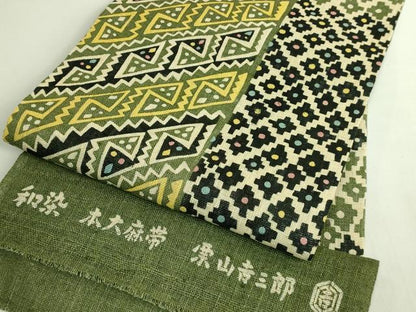 平和屋本店＊極上　夏物　和染紅型　栗山紅型　栗山吉三郎　九寸名古屋帯　本大麻帯　抽象文様　反端付き　逸品　DZAB7261kh6
