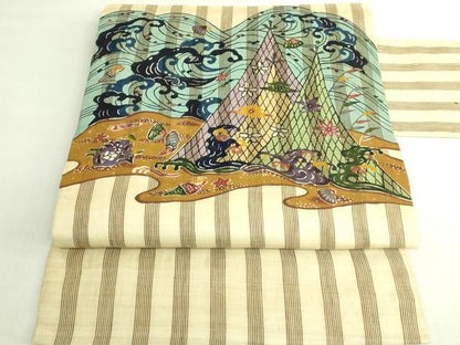 平和屋本店●極上　夏物　芭蕉布　手積み芭蕉糸100％　九寸名古屋帯　琉球紅型　立波網干風景　貝殻　逸品　DZAB7263kh6