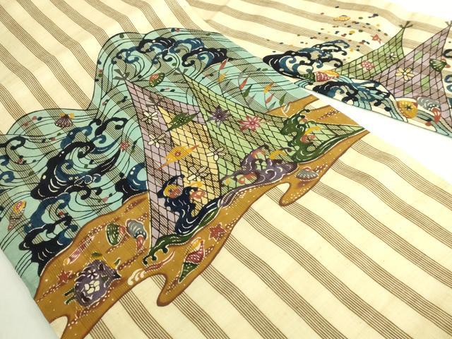 平和屋本店●極上　夏物　芭蕉布　手積み芭蕉糸100％　九寸名古屋帯　琉球紅型　立波網干風景　貝殻　逸品　DZAB7263kh6