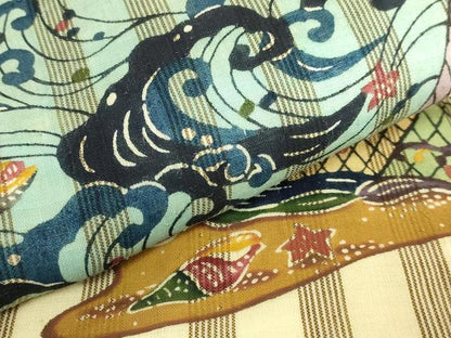 平和屋本店●極上　夏物　芭蕉布　手積み芭蕉糸100％　九寸名古屋帯　琉球紅型　立波網干風景　貝殻　逸品　DZAB7263kh6