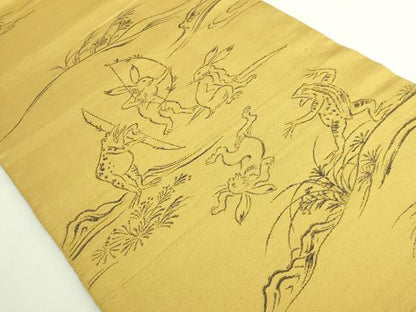 平和屋着物●極上　西陣　勝山織物　太鼓柄　本袋帯　鳥獣戯画　芥子色地　逸品　DZAB7265kh6