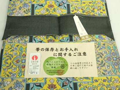 平和屋着物●極上　老舗機屋　織匠万勝織物　六通柄袋帯　紹巴　色紙重ね花文　上代60万　証紙・反端付き　逸品　未使用　DZAB7280kh6