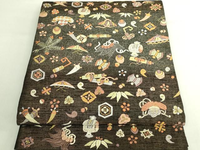 平和屋本店●極上　中国人間国宝　将雪英　太鼓柄袋帯　総刺繍　宝尽くし　金糸　逸品　DZAB7309kh6
