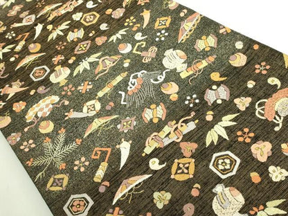 平和屋本店●極上　中国人間国宝　将雪英　太鼓柄袋帯　総刺繍　宝尽くし　金糸　逸品　DZAB7309kh6